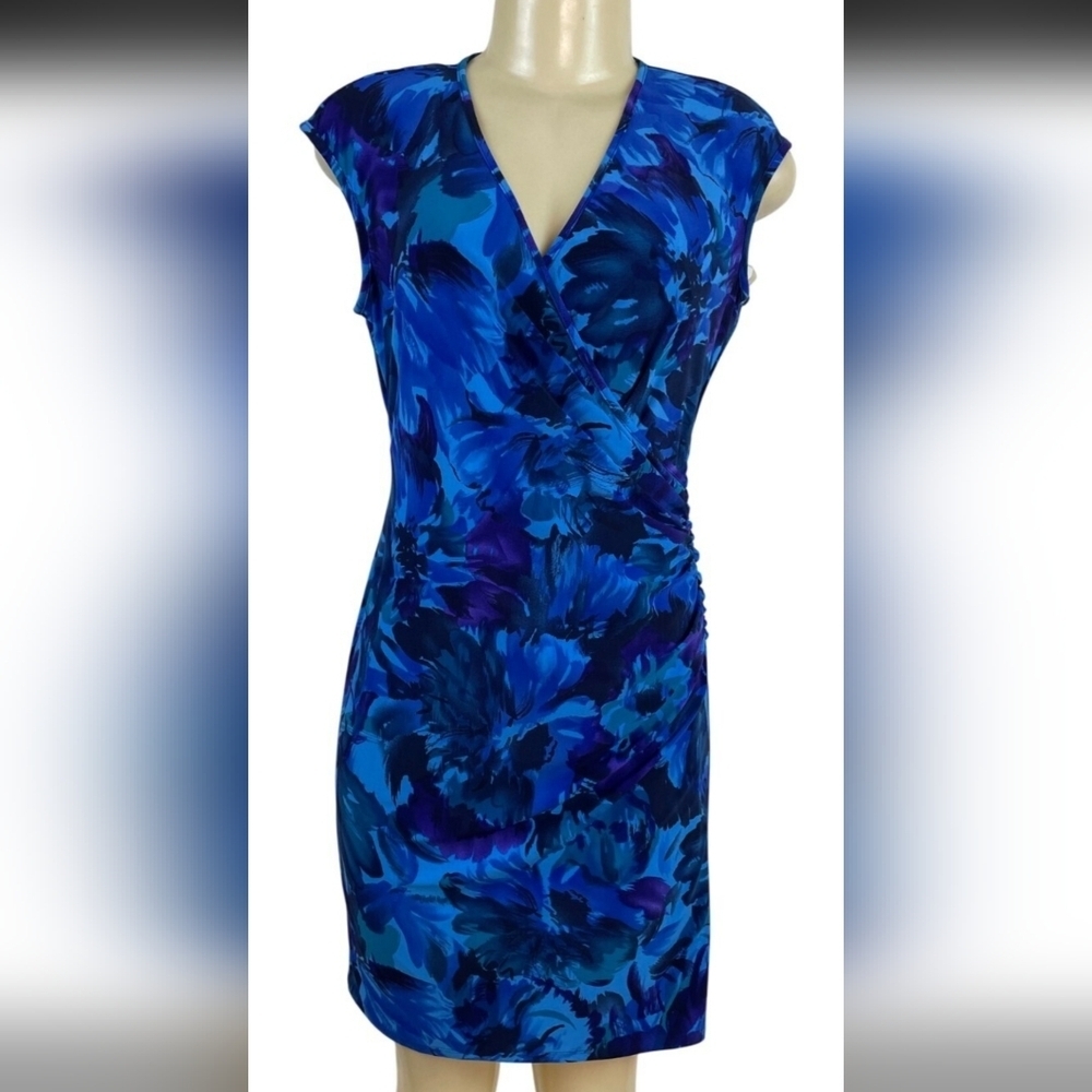 Chaps Women's Blue Floral Pullover Vneck Wrap-look Dress Size PS